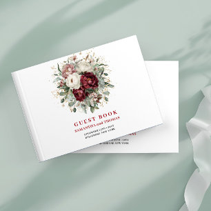 Sophisticated Boho Burgundy Floral Gold Guest Book