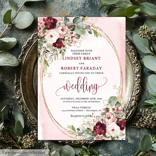 Sophisticated Boho Maroon Blush Gold Floral Invite (Sophisticated Boho Maroon Blush Gold Floral Invitation

)