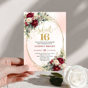 Sophisticated Boho Marsala Gold Floral Sweet Sixte Invitation
