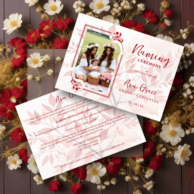 Sophisticated Botanical Red Frame Photo Naming  Invitation (Sophisticated Botanical Red Frame Photo Naming Ceremony Invitation Card. )