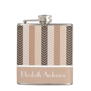 Sophisticated Brown Chevron Stripes With Name Hip Flask