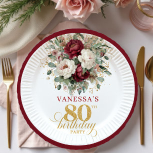 Sophisticated Burgundy Floral 80th Birthday Paper Plate