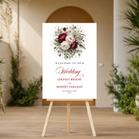 Sophisticated Burgundy Floral Gold Welcome Poster