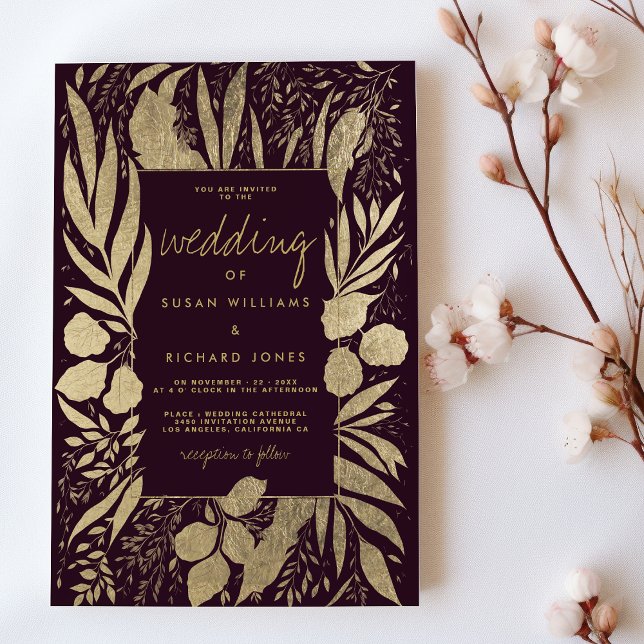 Sophisticated burgundy gold foliage floral wedding invitation (Sophisticated burgundy gold foliage floral wedding)