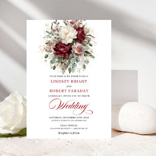 Sophisticated Burgundy White Floral Gold Wedding  Invitation
