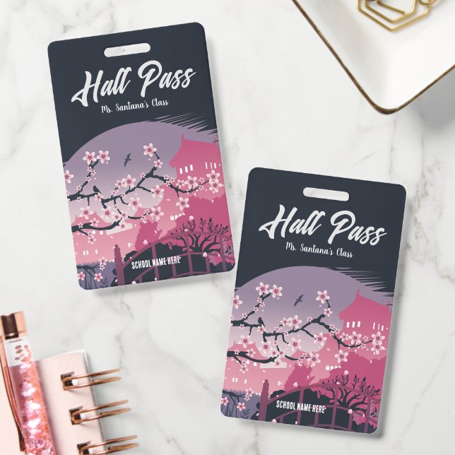 Sophisticated Cherry Blossom Hall Pass ID Badge (Office)