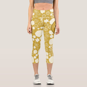 SOPHISTICATED CHIC GOLD CREAM FLOWER MONOGRAM NAME CAPRI LEGGINGS