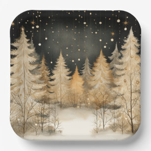 Sophisticated Christmas Golden Trees Paper Plate