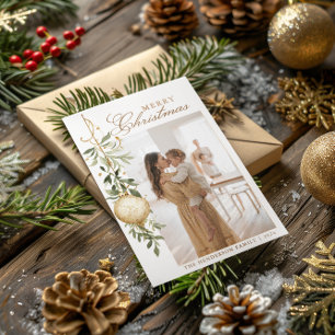 Sophisticated Christmas Greenery Gold Ornament Holiday Card