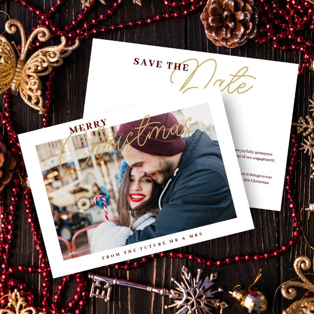  Sophisticated Christmas Timeless Script & Photo  Save The Date (Sophisticated Classic Calligraphy Photo Merry Christmas in Fake Gold and Dark Red Holiday Card.)