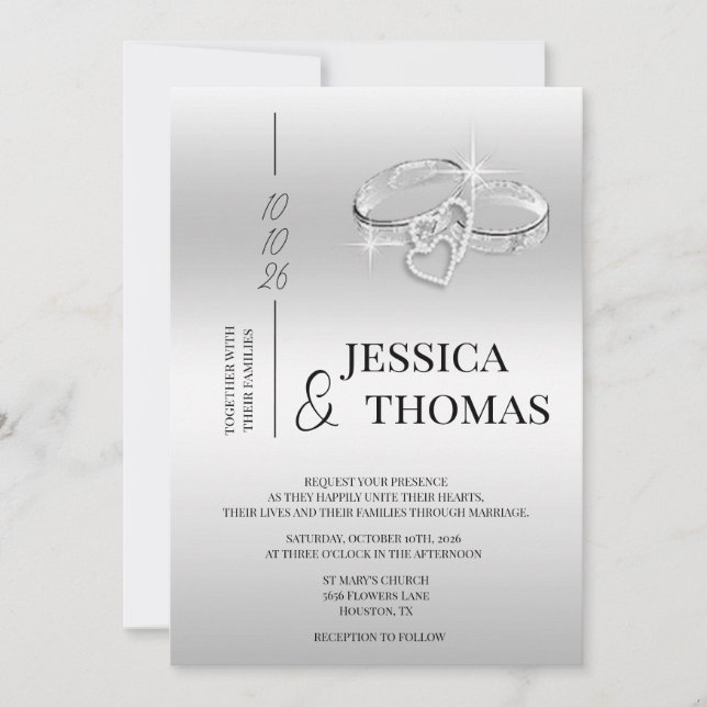 Sophisticated Class, Silver Wedding Rings Wedding Invitation (Front)