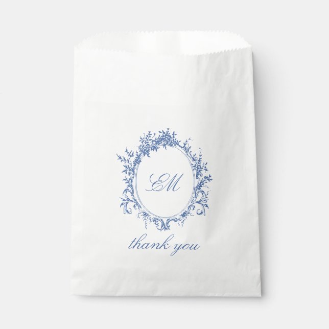 Sophisticated Classic Mnogram Crest Blue Toile Favour Bag (Front)
