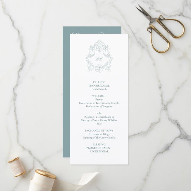 Sophisticated Classic Script Dusty Blue Wedding Program (Front/Back In Situ)