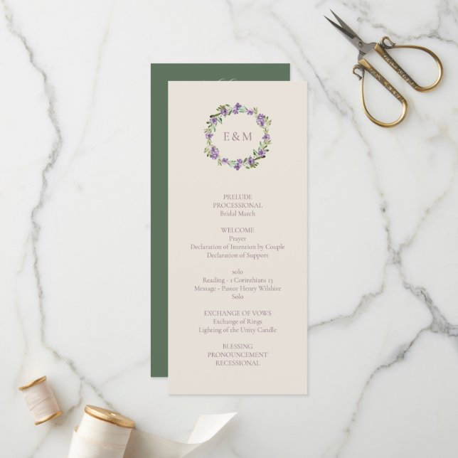 Sophisticated Classic Script Floral Wreath Wedding Program (Front/Back In Situ)