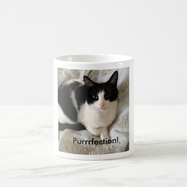 Sophisticated coffee-drinking cat: "Purrrfection!" Coffee Mug (Center)
