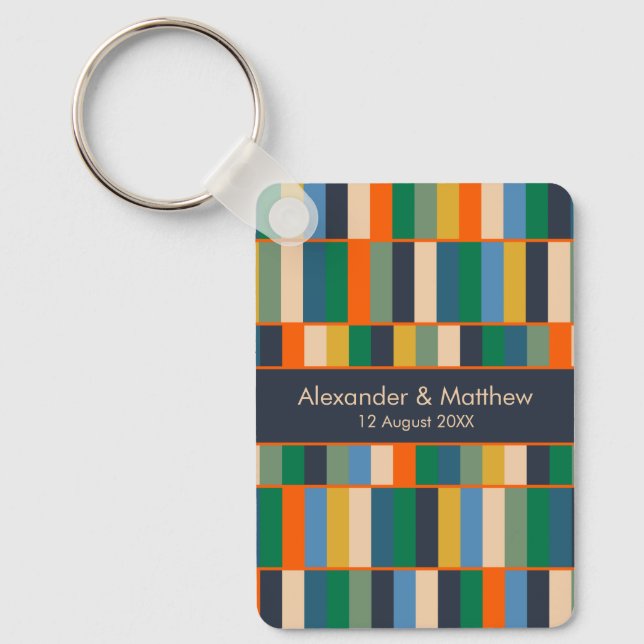Sophisticated Colourful Retro Geo Personalised Key Ring (Front)