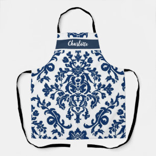 Sophisticated Dark Blue and White Seamless Floral Apron