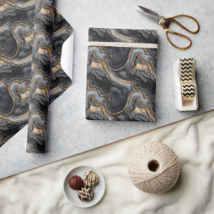 Sophisticated Dark Gray Marbled Gold Waves Wrapping Paper