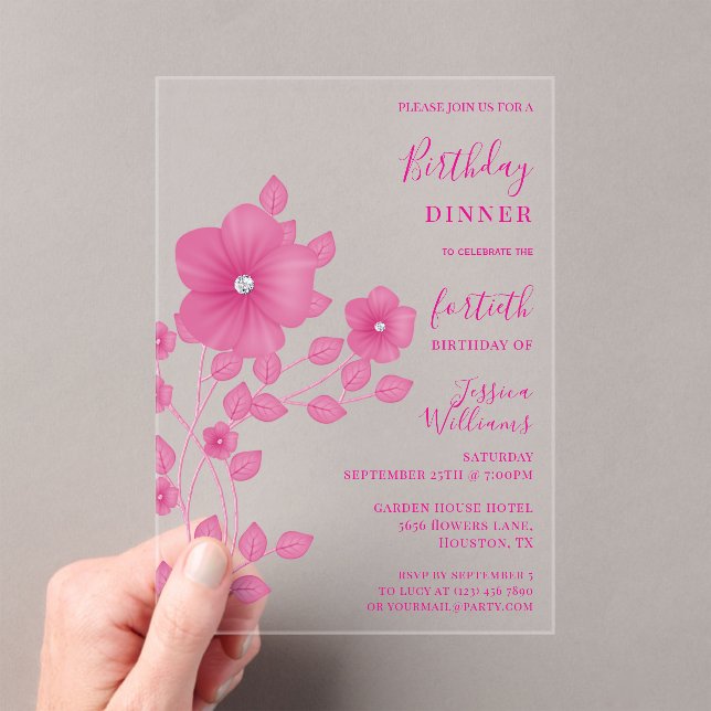 Sophisticated Diamond Floral Birthday Acrylic Invitations (Insitu (Handheld))