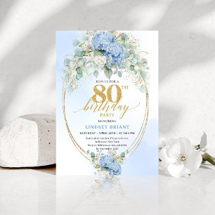 Sophisticated Dusty Blue Floral 80th Birthday Chic Invitation