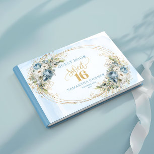 Sophisticated Dusty Blue Gold Sweet Sixteen Sign Guest Book