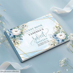Sophisticated Dusty Blue White Peonies Sweet 16th Guest Book