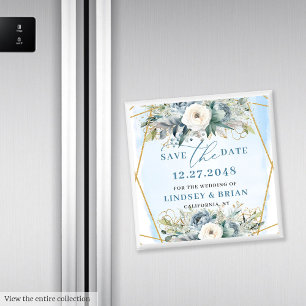 Sophisticated Dusty Blue White Peony Save the Date Magnet