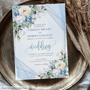 Sophisticated Dusty Blue White Silver Roses Invite