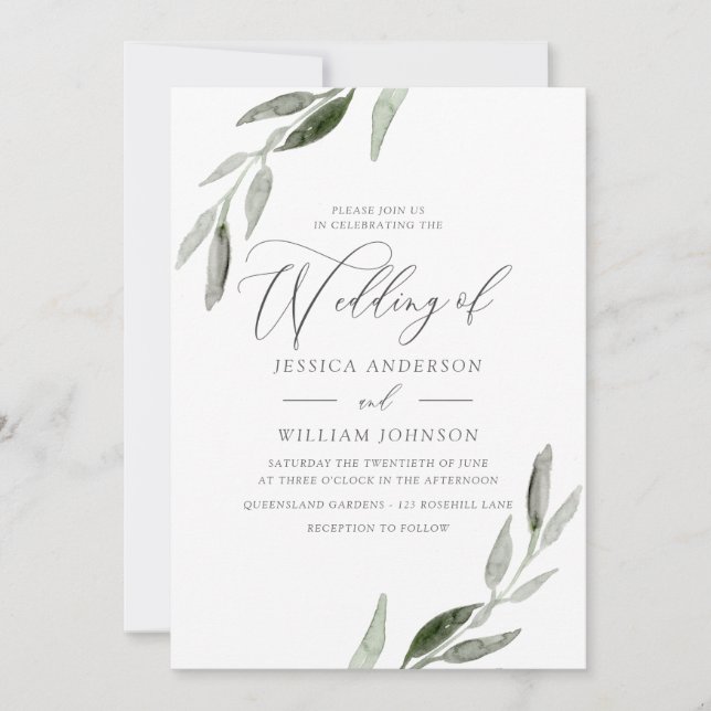 Sophisticated Elegant Green Leaf Modern Wedding Invitation (Front)