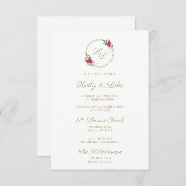 Sophisticated Elegant Pink Floral Wedding Wreath Invitation (Front/Back)