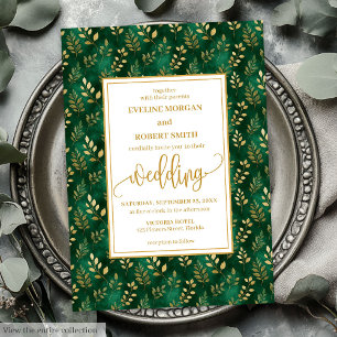 Sophisticated Emerald Green Gold Foliage Wedding Invitation