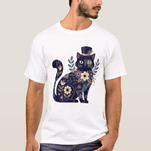Sophisticated Floral Cat Monocle Top-Hat T-Shirt