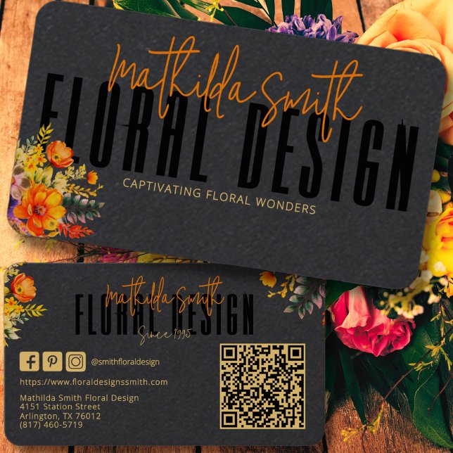 Sophisticated Floral Design Black Orange Flowers  Business Card (Creator Uploaded)