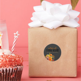 Sophisticated Floral Design Black Orange Flowers  Classic Round Sticker