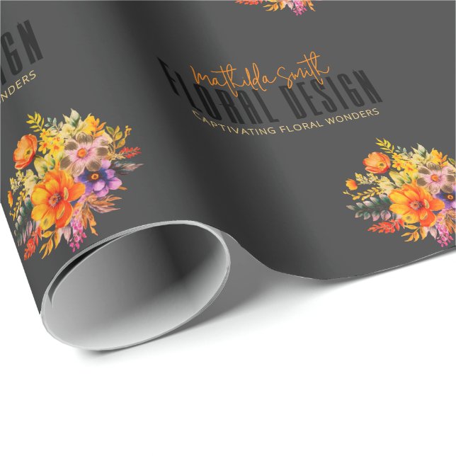Sophisticated Floral Design Black Orange Flowers  Wrapping Paper (Roll Corner)