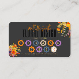 Sophisticated Floral Design Black Orange Loyalty Business Card