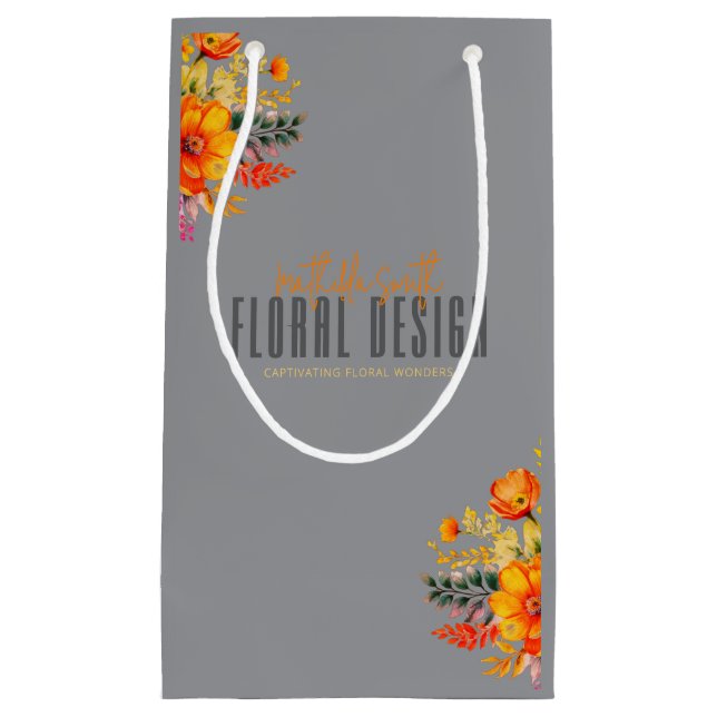 Sophisticated Floral Design Gray Orange Flowers  Small Gift Bag (Front)