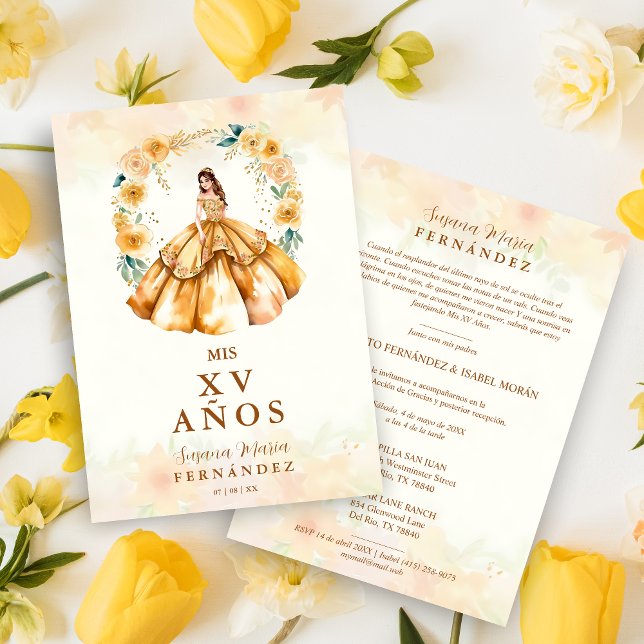 Sophisticated Floral Garland Spanish Photo Mis XV Invitation (Sophisticated Gown Illustration Floral Garland Spanish Mis XV in Yellow Shades Invitation.)