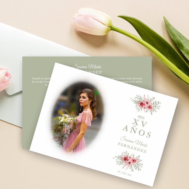 Sophisticated Floral Garland Spanish Photo Mis XV Invitation (Creator Uploaded)