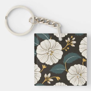 Sophisticated Floral Pattern with White Blossoms Key Ring
