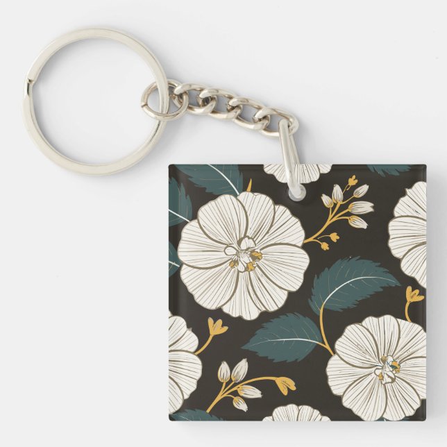 Sophisticated Floral Pattern with White Blossoms Key Ring (Front)