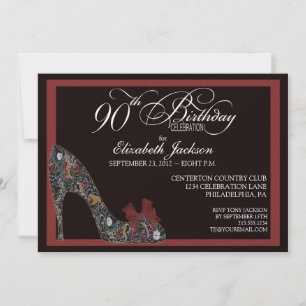 Sophisticated Floral Shoe 90th Birthday Invite Red