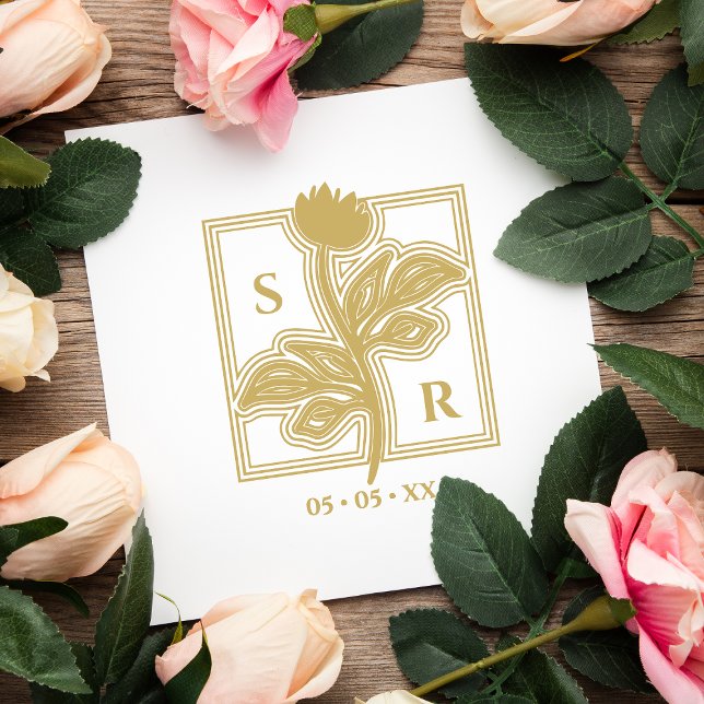 Sophisticated Flowers Wedding Initials & Date Rubber Stamp (Creator Uploaded)