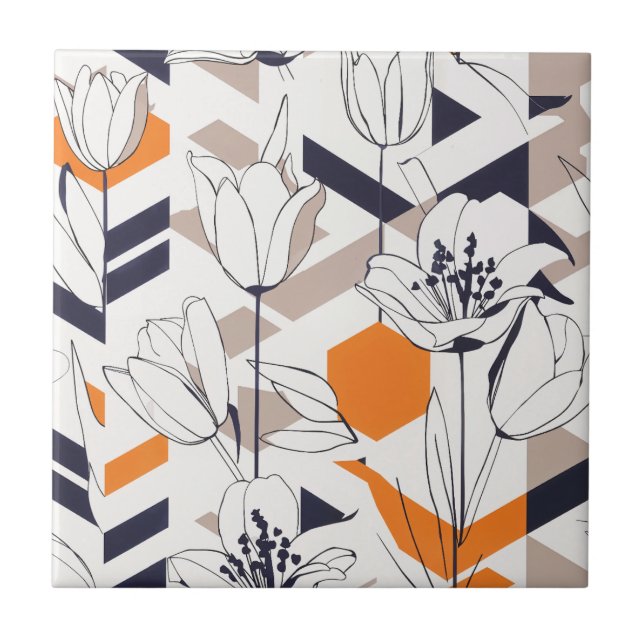 Sophisticated Geometric Tulip Pattern in Warm Tone Ceramic Tile (Front)
