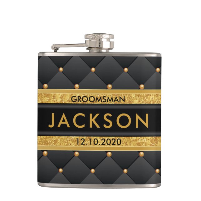 Sophisticated Gold and Black Groomsman / Best Man Hip Flask (Front)