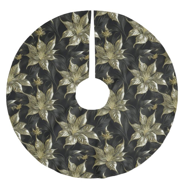 Sophisticated Gold and Black Poinsettia  Brushed Polyester Tree Skirt (Front)