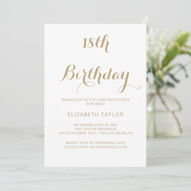 Sophisticated Gold Calligraphy 18th Birthday  Invitation (Standing Front)