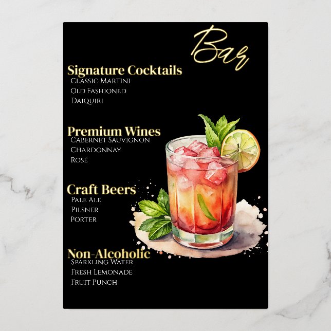 Sophisticated Gold-Foiled Cocktail Menu (Front)