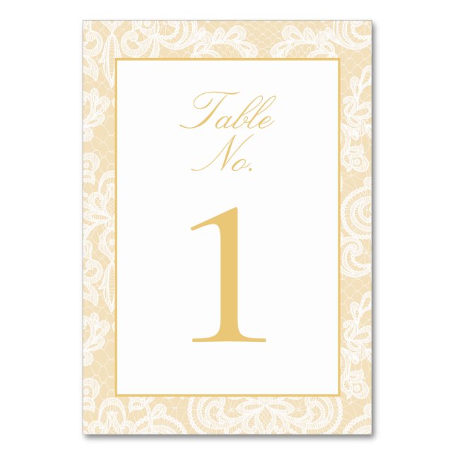 Sophisticated Gold Lace Elegant Script Wedding Table Number (Front)