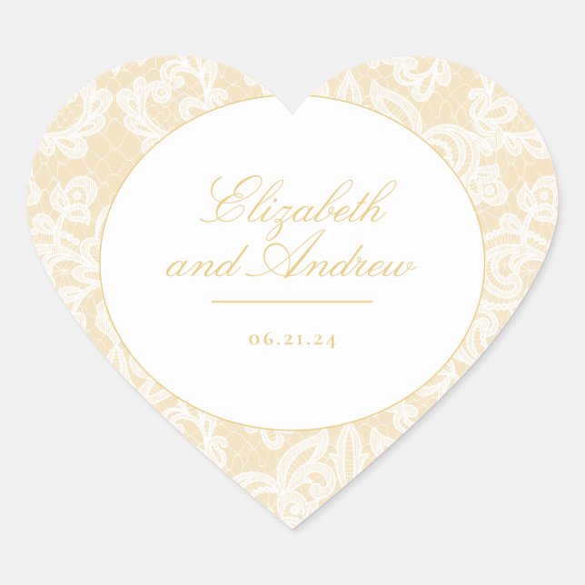 Sophisticated Gold Lace Elegant Wedding Heart Sticker (Front)